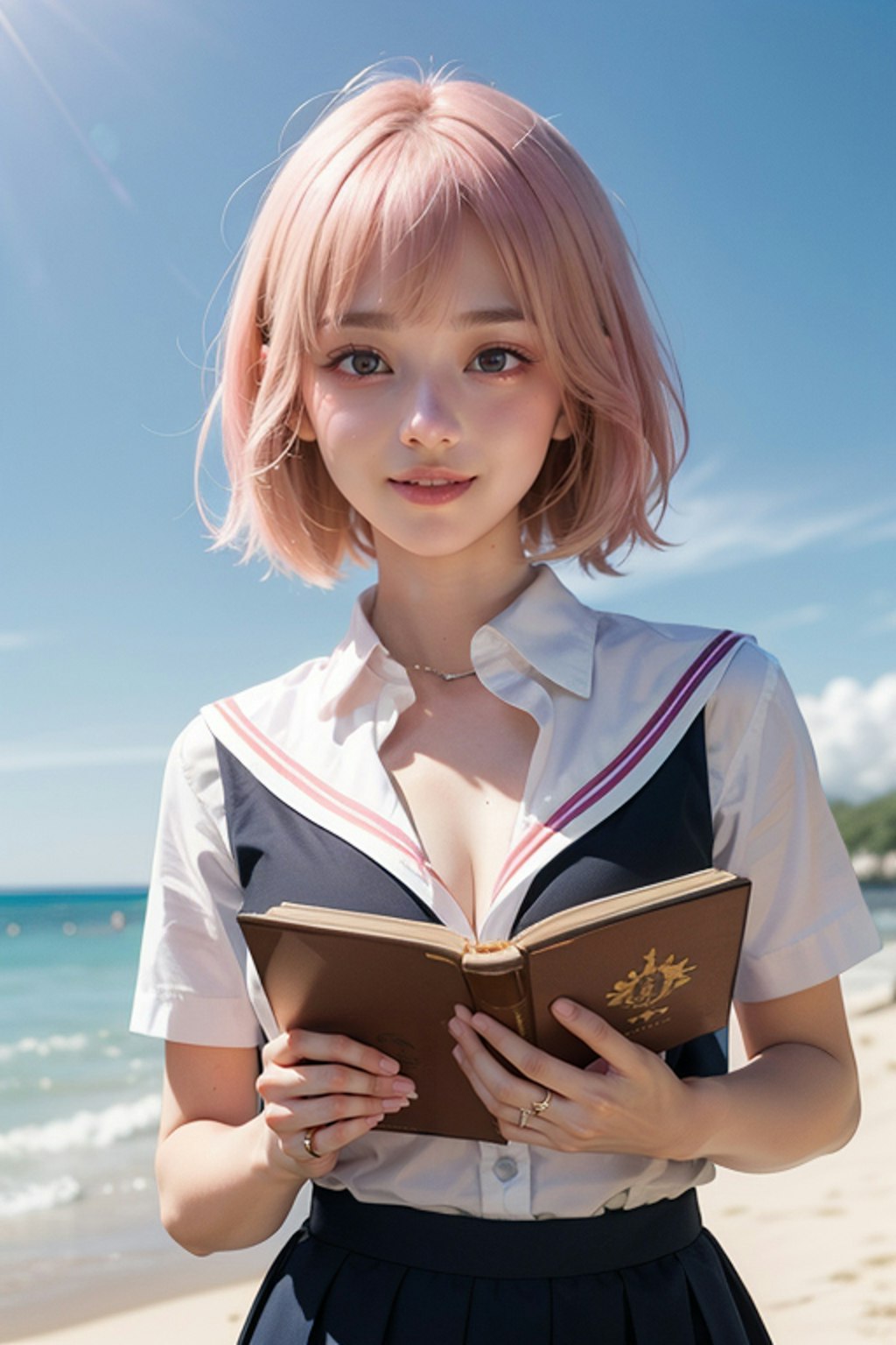 浜辺の読書　ピンク髪のセーラー制服