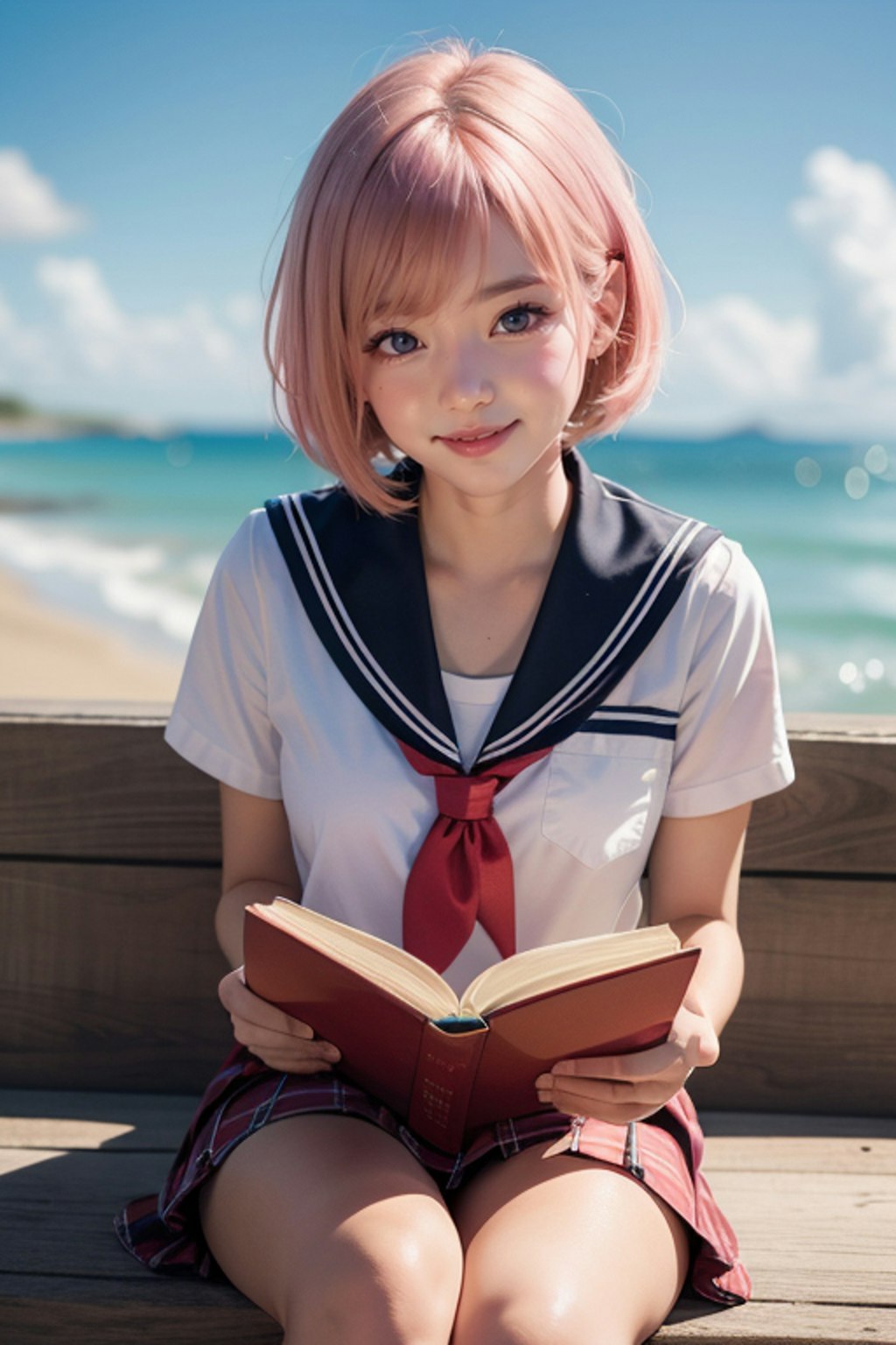 浜辺の読書　ピンク髪のセーラー制服