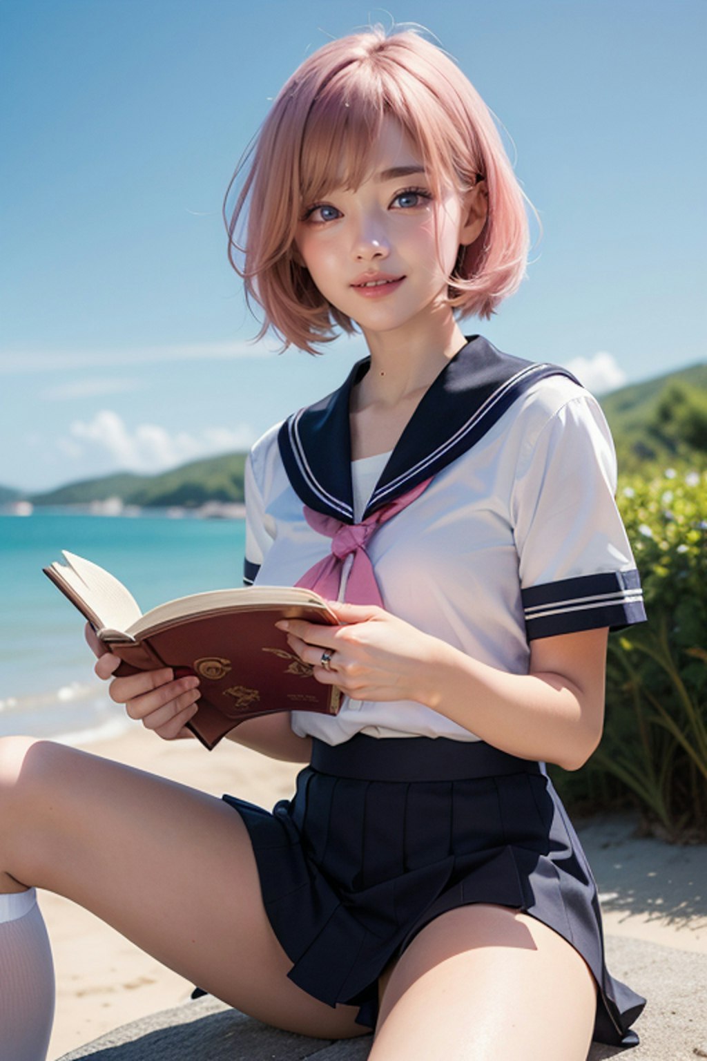 浜辺の読書　ピンク髪のセーラー制服