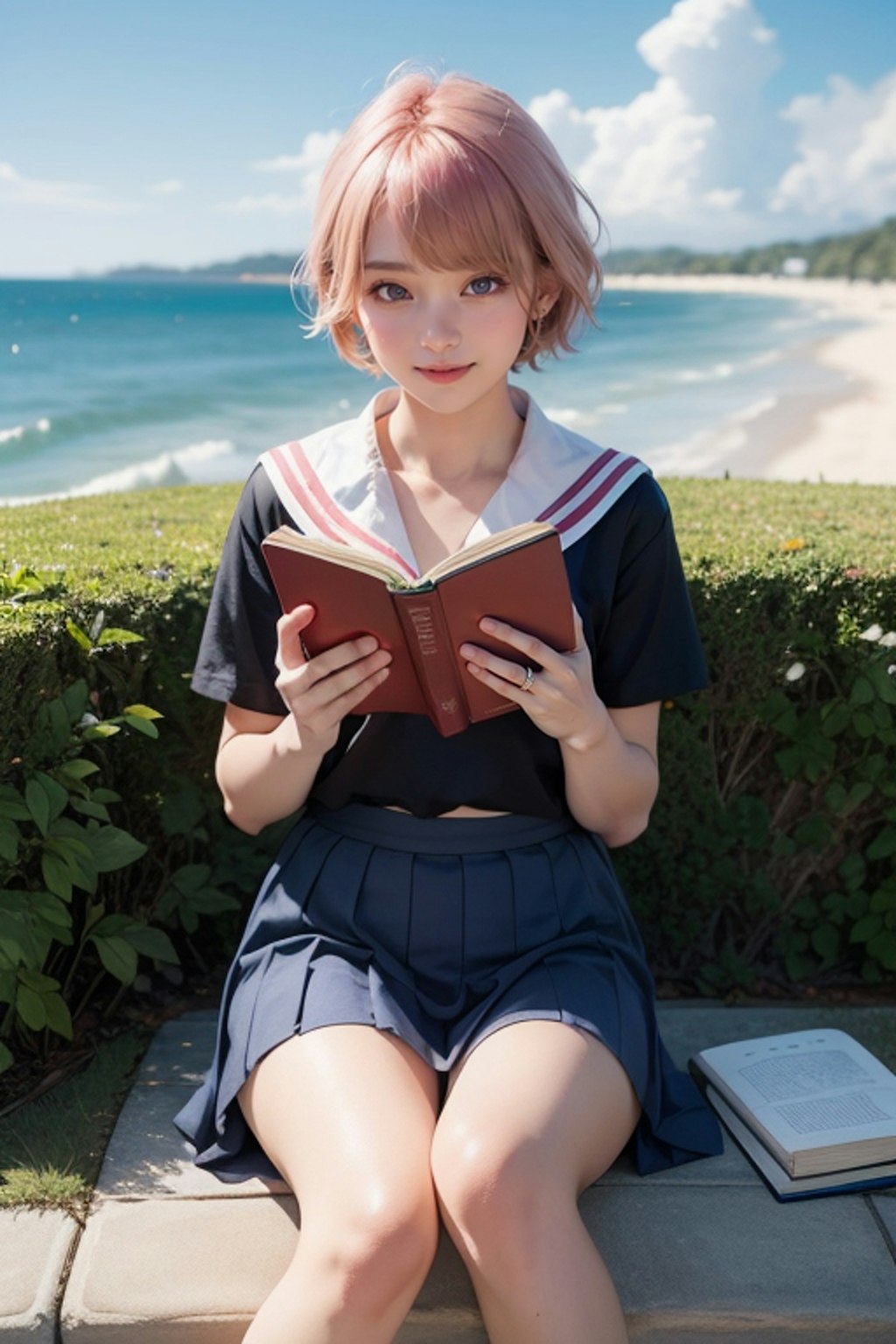 浜辺の読書　ピンク髪のセーラー制服