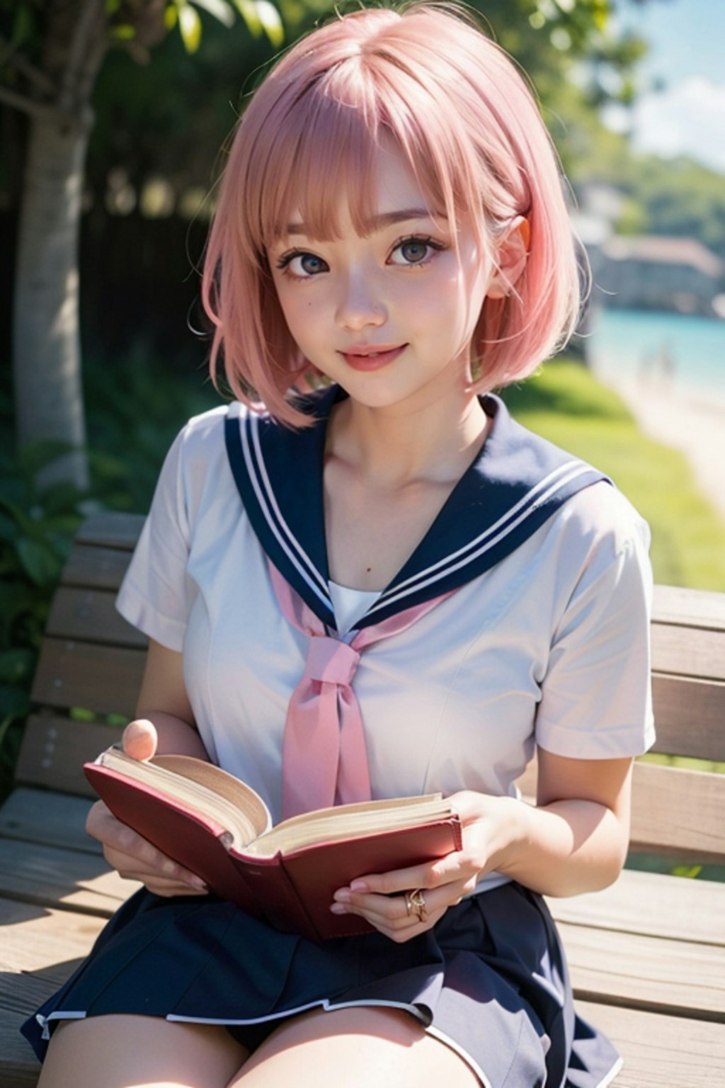 浜辺の読書　ピンク髪のセーラー制服