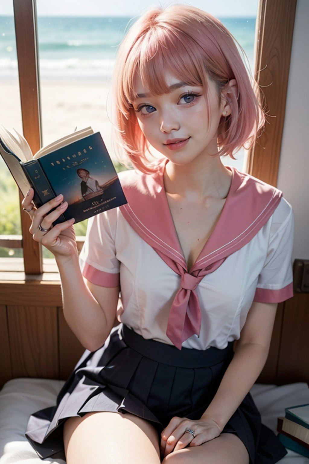 浜辺の読書　ピンク髪のセーラー制服