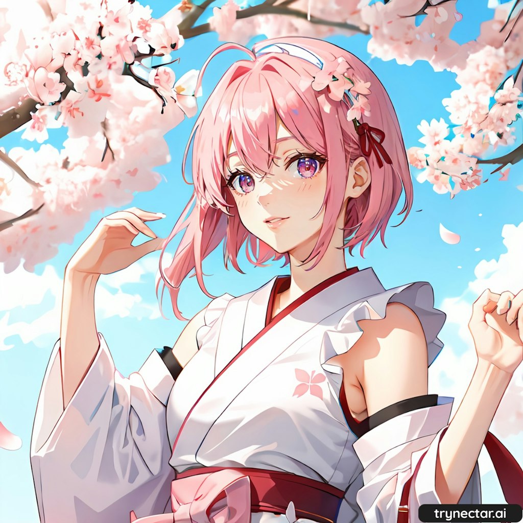 Girl enjoying cherry blossoms in yukata