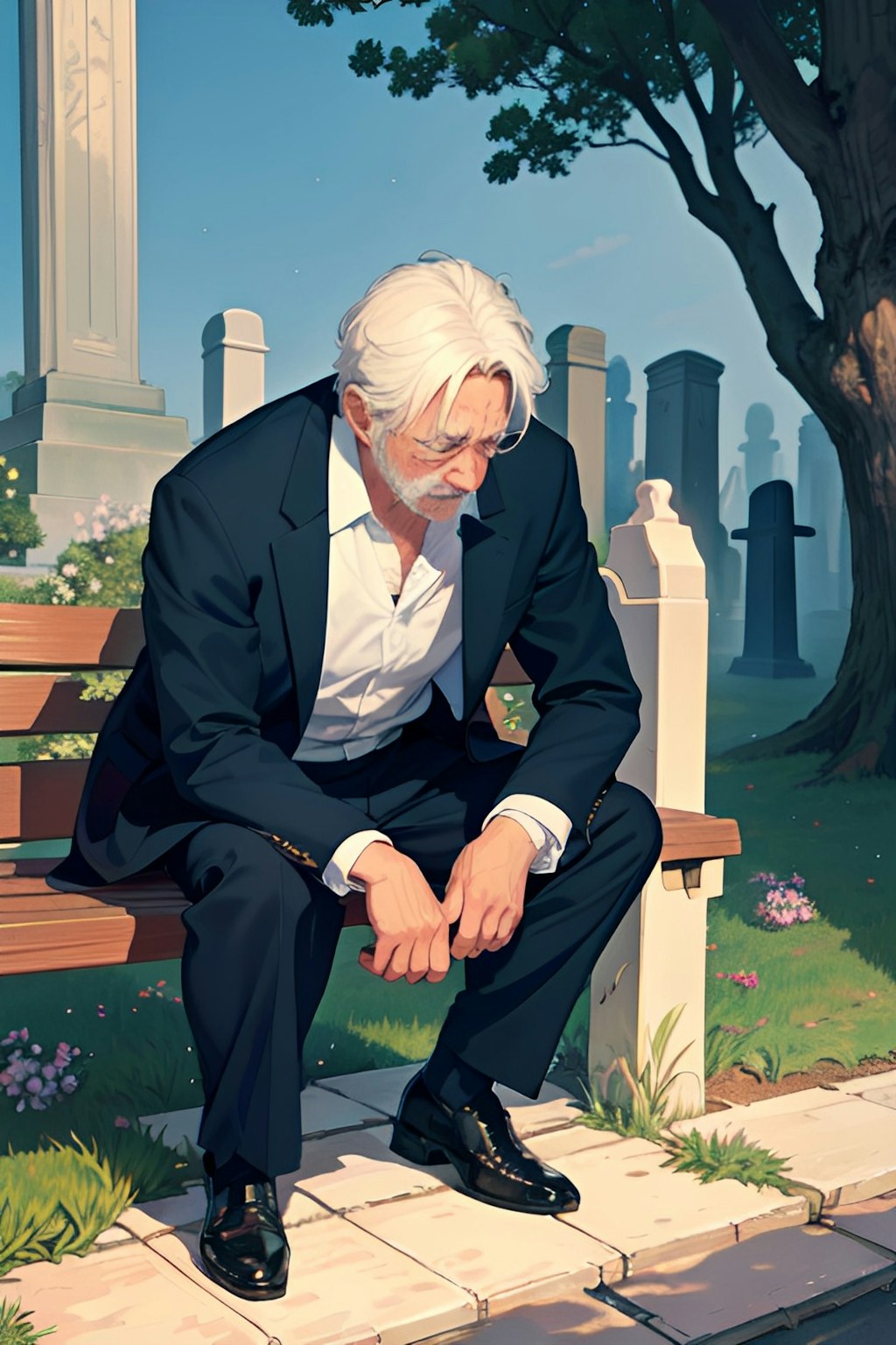 墓地のベンチで亡き妻を悼む夫