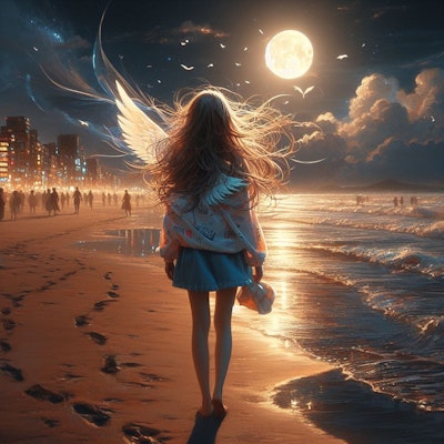 波打ち際を歩く天使が月を見ていた