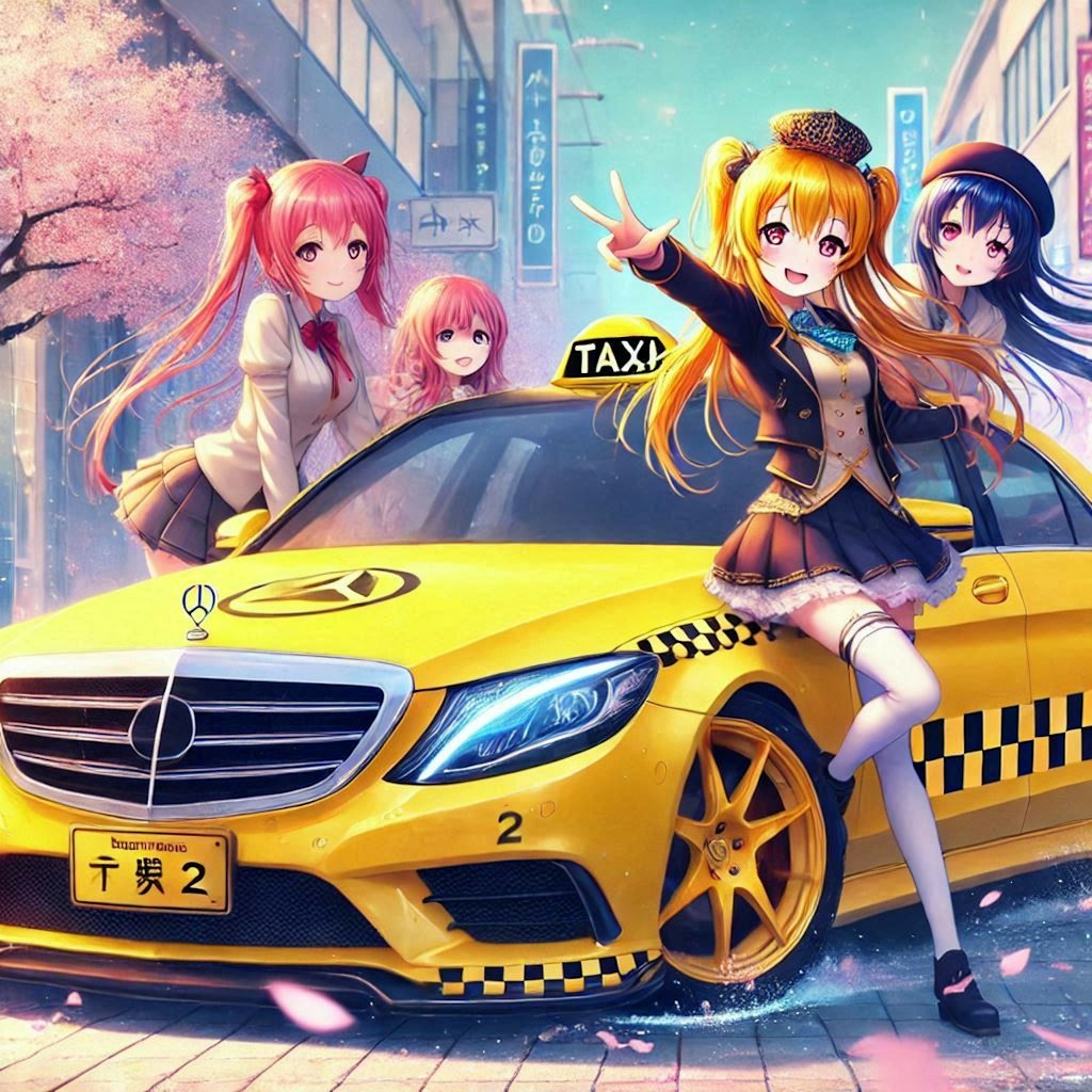 ラブライブキャラとメルセデスベンツセダンイエロータクシーのドリ車