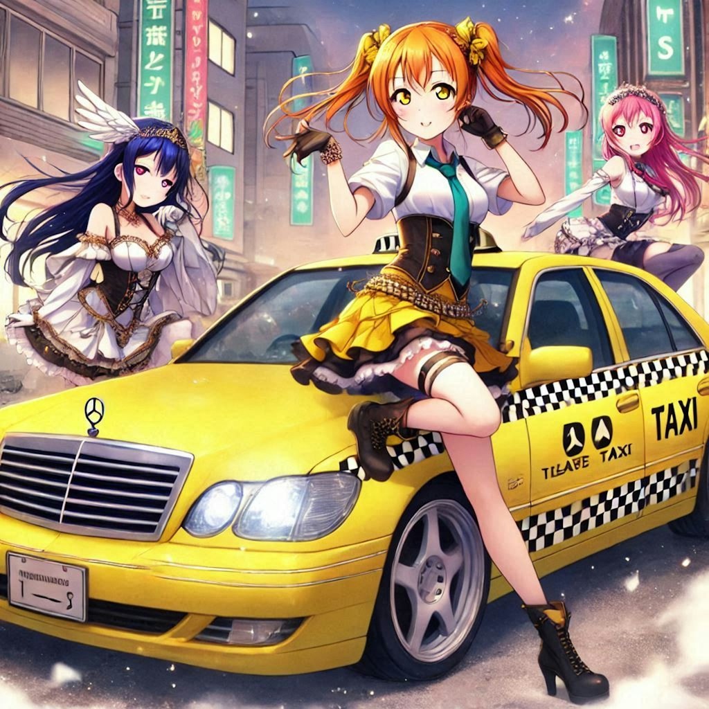 ラブライブキャラとメルセデスベンツセダンイエロータクシーのドリ車