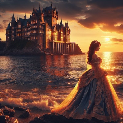 海上にある古城と姫