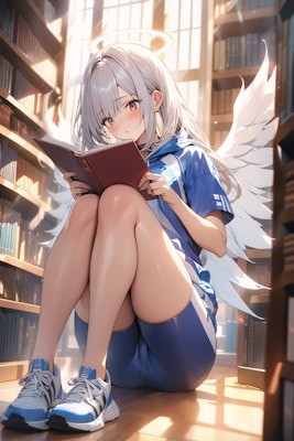 スポーツウェアを着て読書している天使