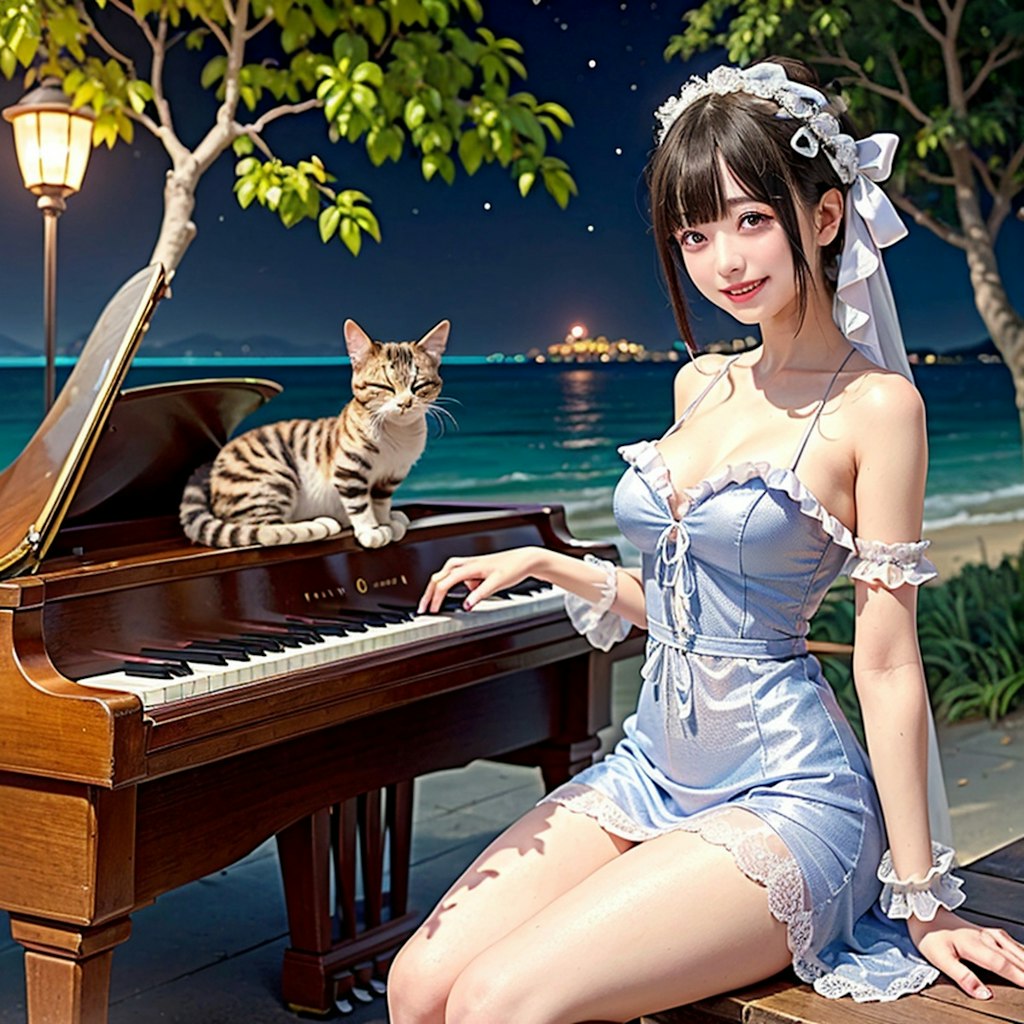 海のピアノ5（猫と青い海）