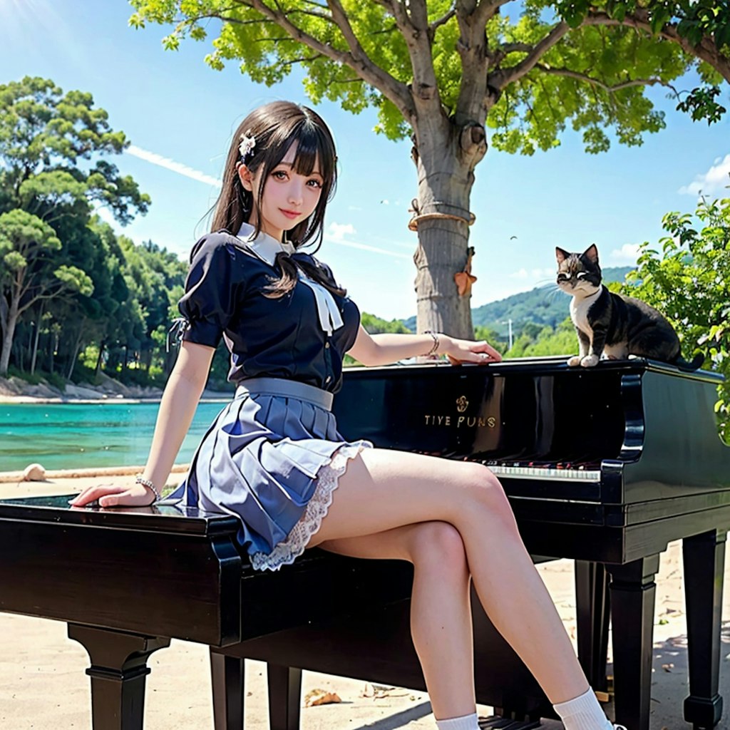 海のピアノ5（猫と青い海）