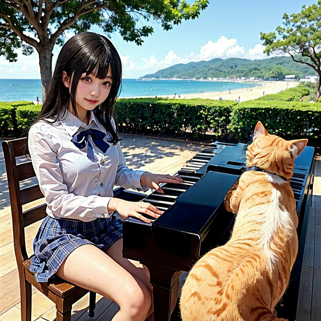 海のピアノ5（猫と青い海）