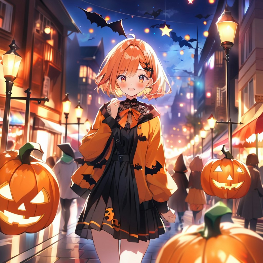 ハロウィンの装飾で彩られた街を歩く女の子