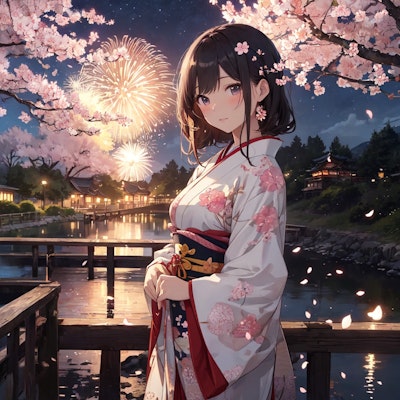 夜桜と花火
