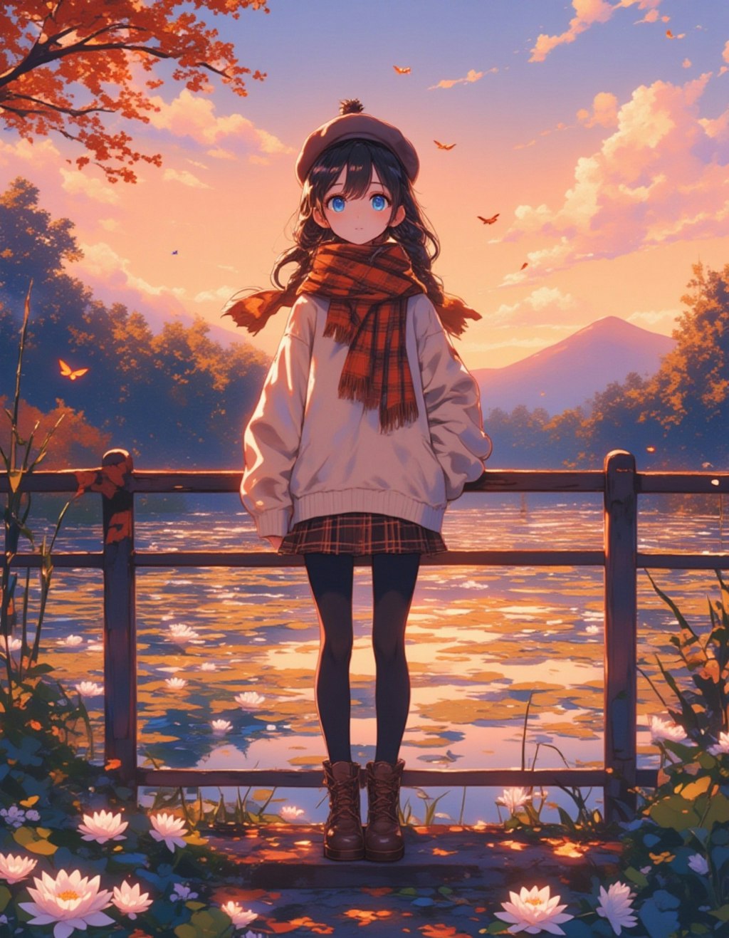 秋の夕暮れに佇む少女