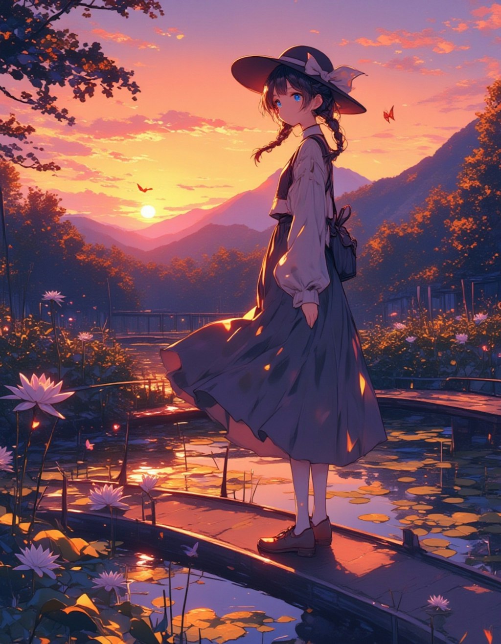 秋の夕暮れに佇む少女