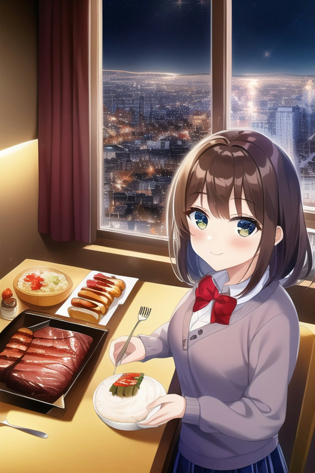 レストランで食事をする美少女