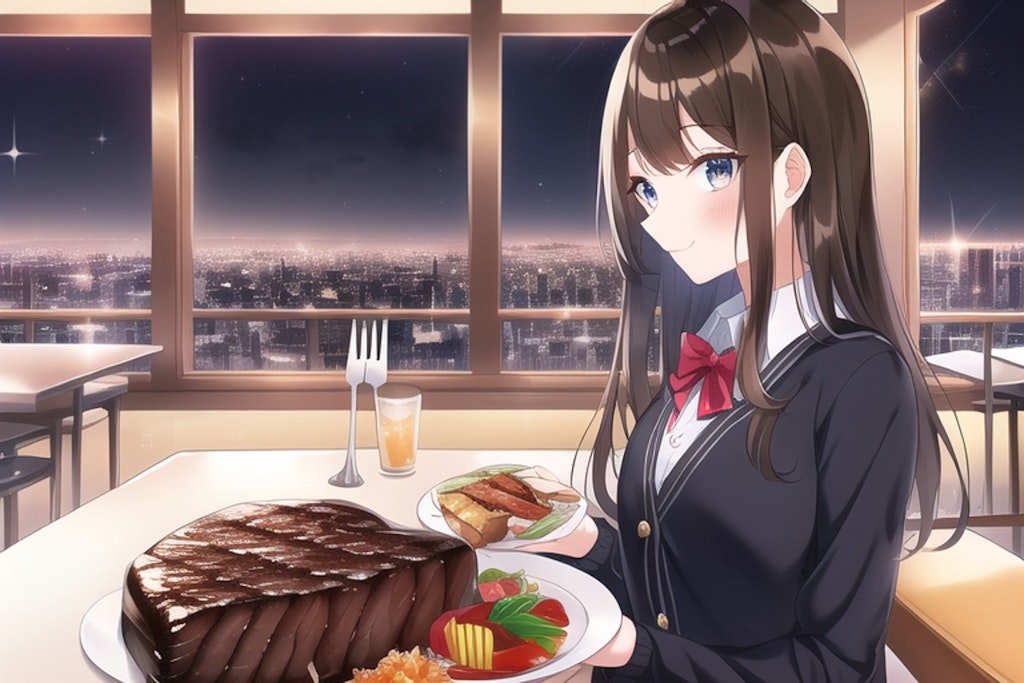 レストランで食事をする美少女