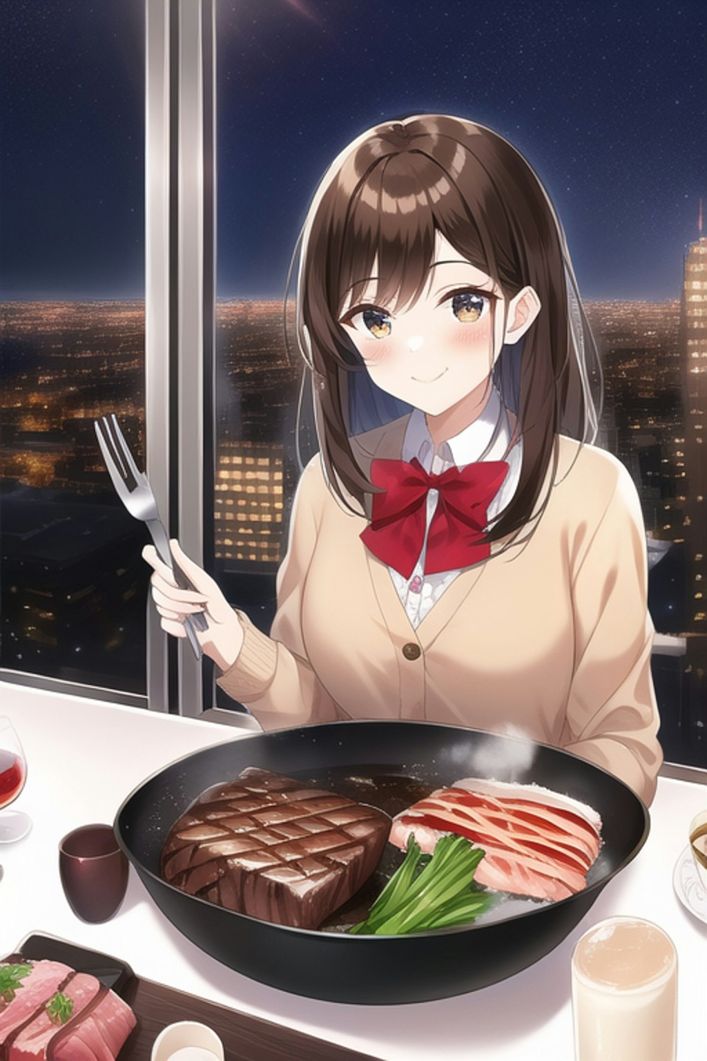 レストランで食事をする美少女