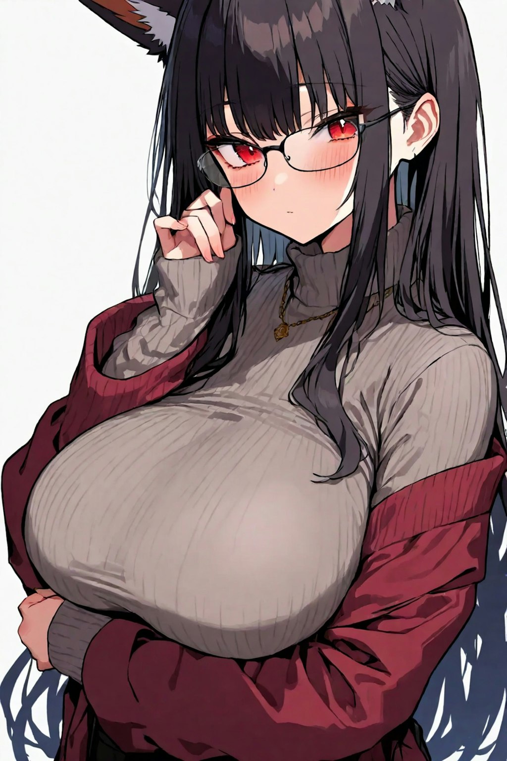 巨乳の黒髪ロング眼鏡ツリ目狐っ娘