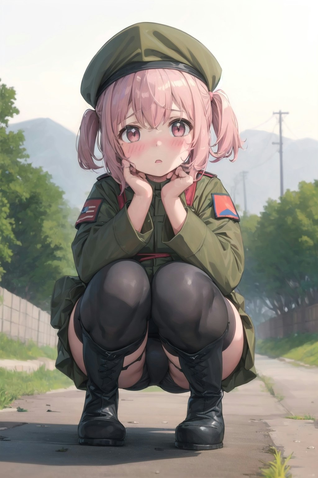 人気の無い場所でしゃがむ軍服幼女