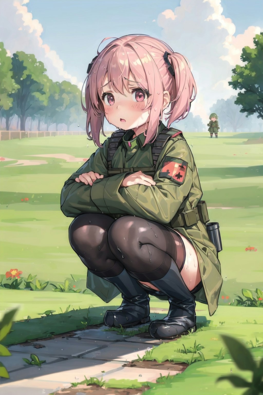 人気の無い場所でしゃがむ軍服幼女