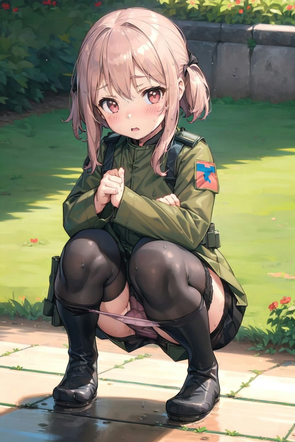 人気の無い場所でしゃがむ軍服幼女