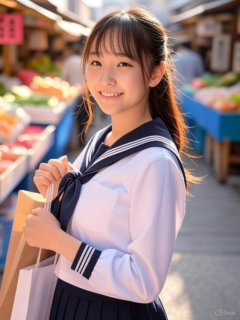市場に寄って楽し気に買い物する女子高生