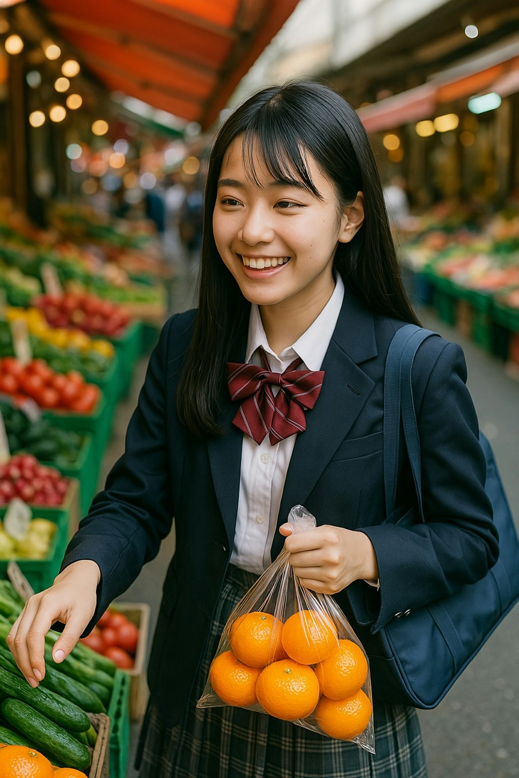 市場に寄って楽し気に買い物する女子高生