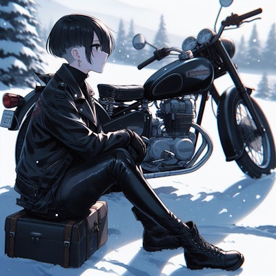 雪原と黒いバイク乗り