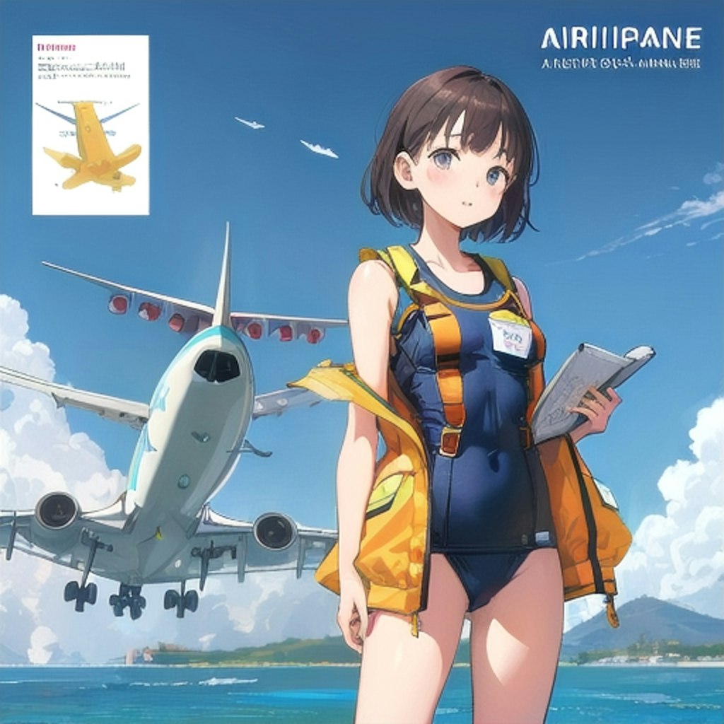 飛行機と救命胴衣スク水少女