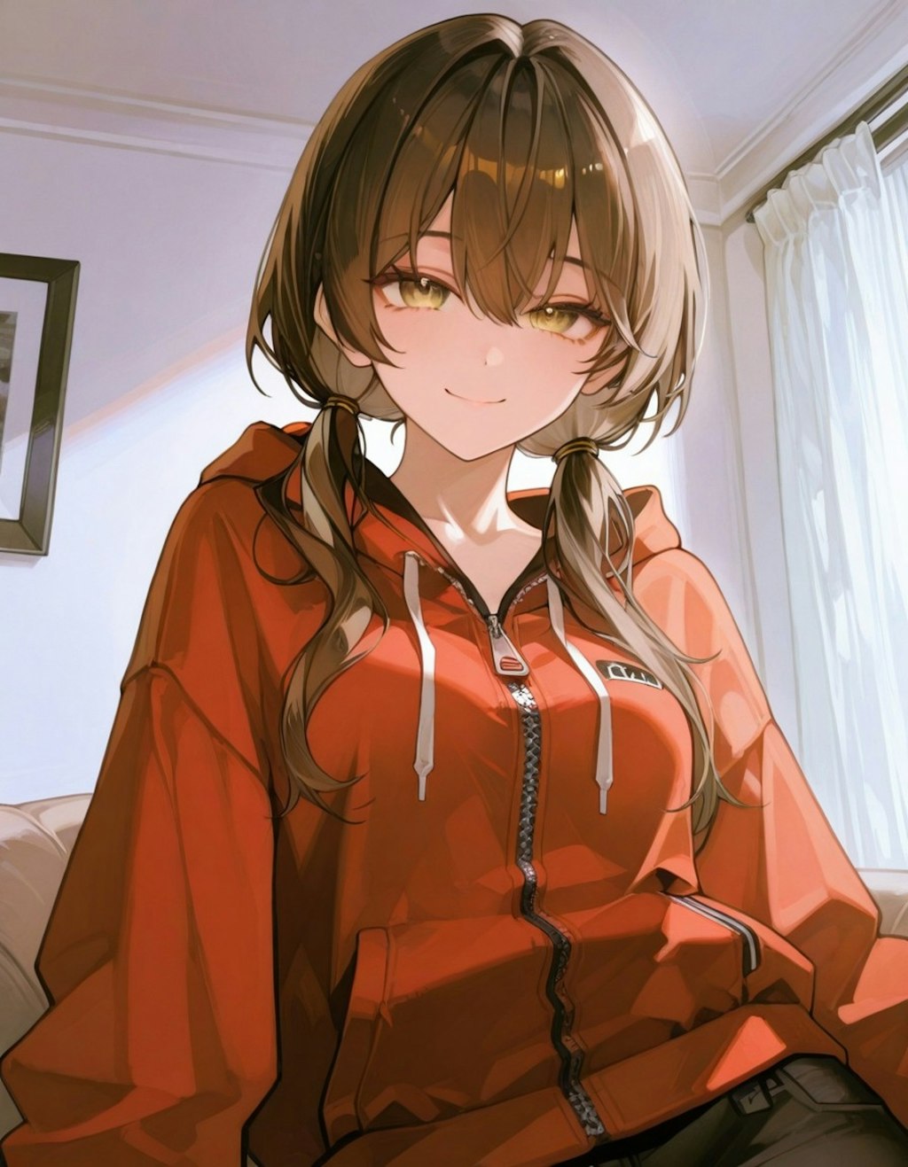 部屋でくつろぐパーカー女子